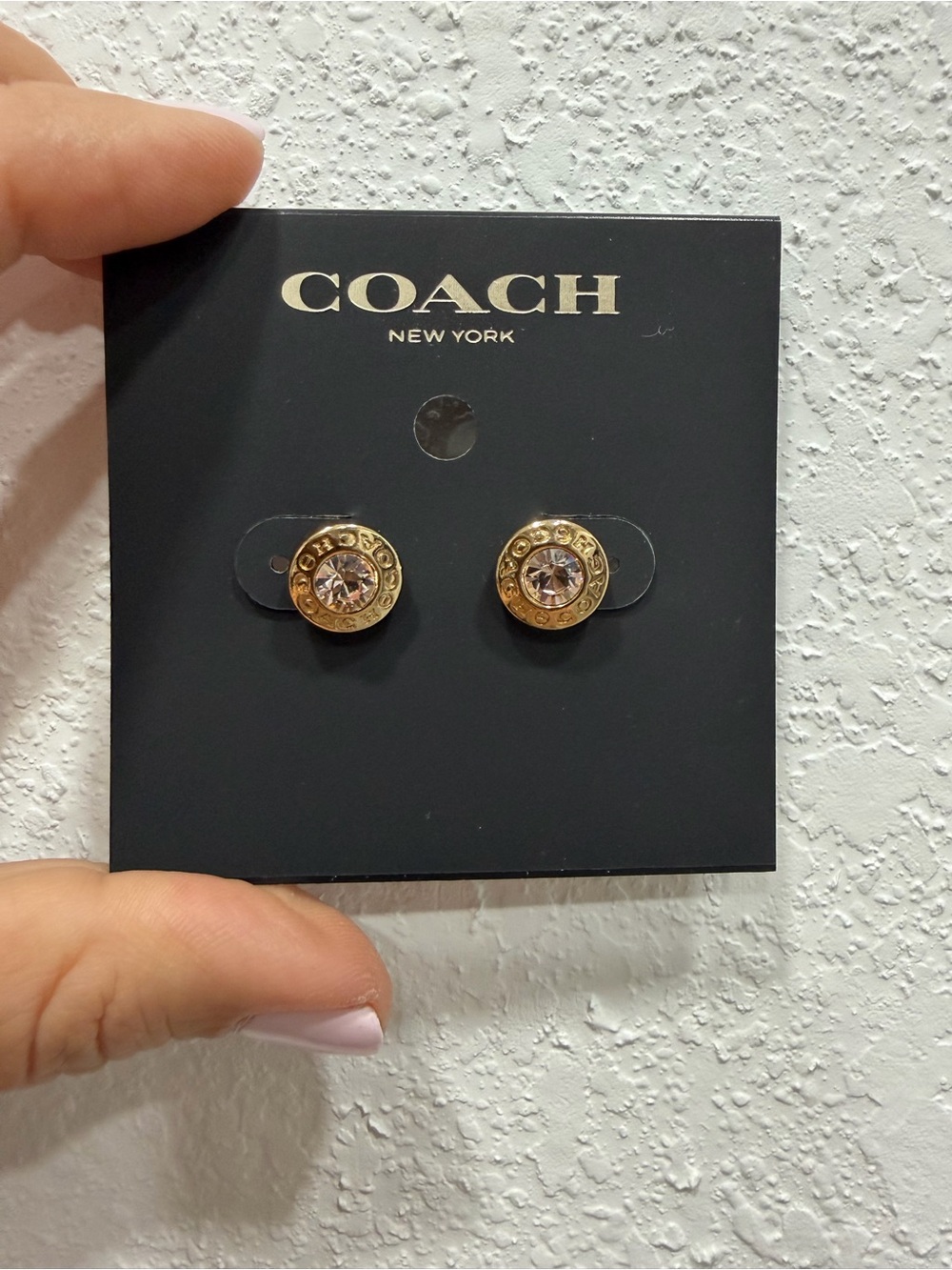 COACH Gold-Tone Stud Earrings with Pink stone